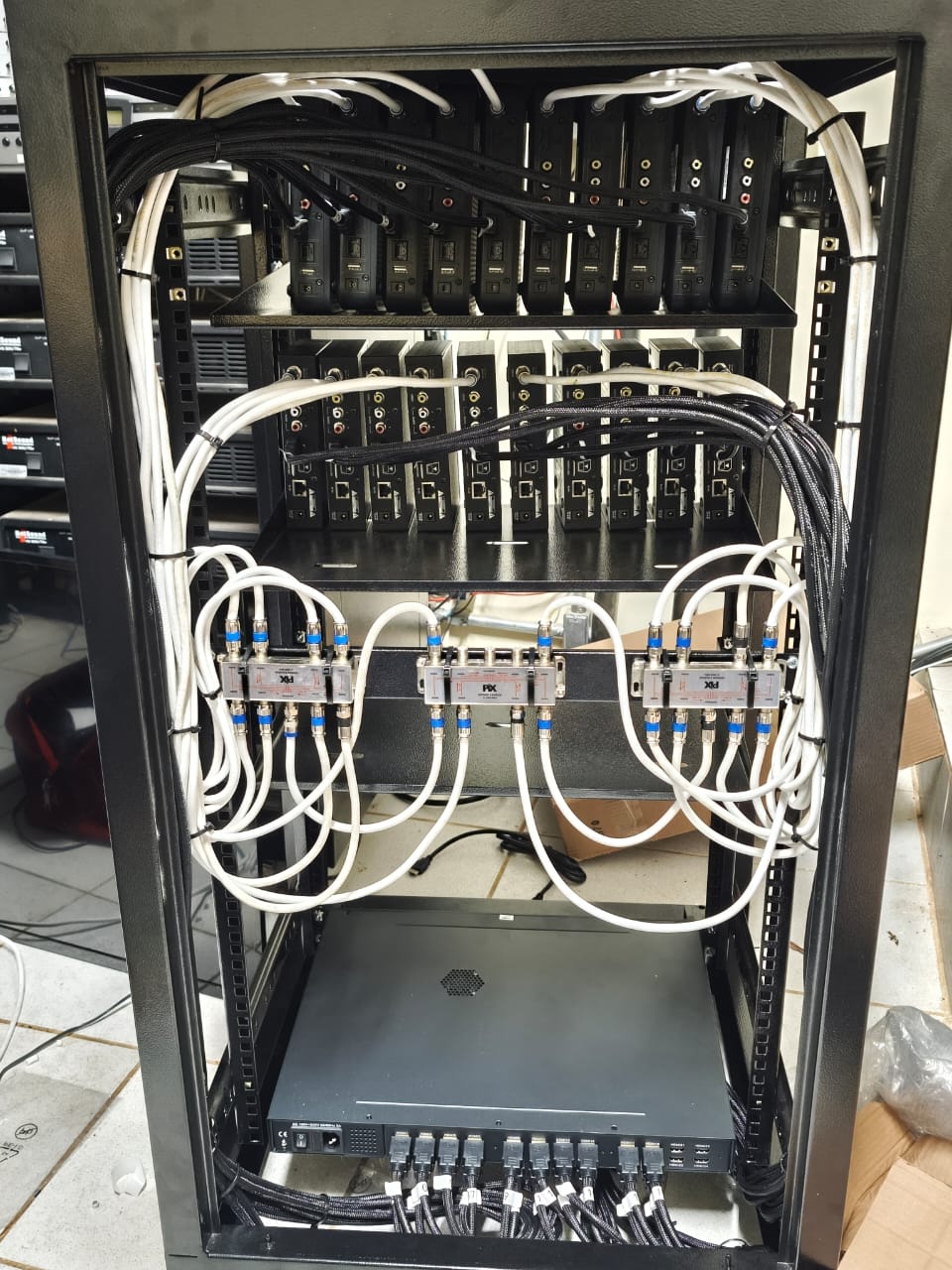 Detalhe do cabeamento e organização de encoders